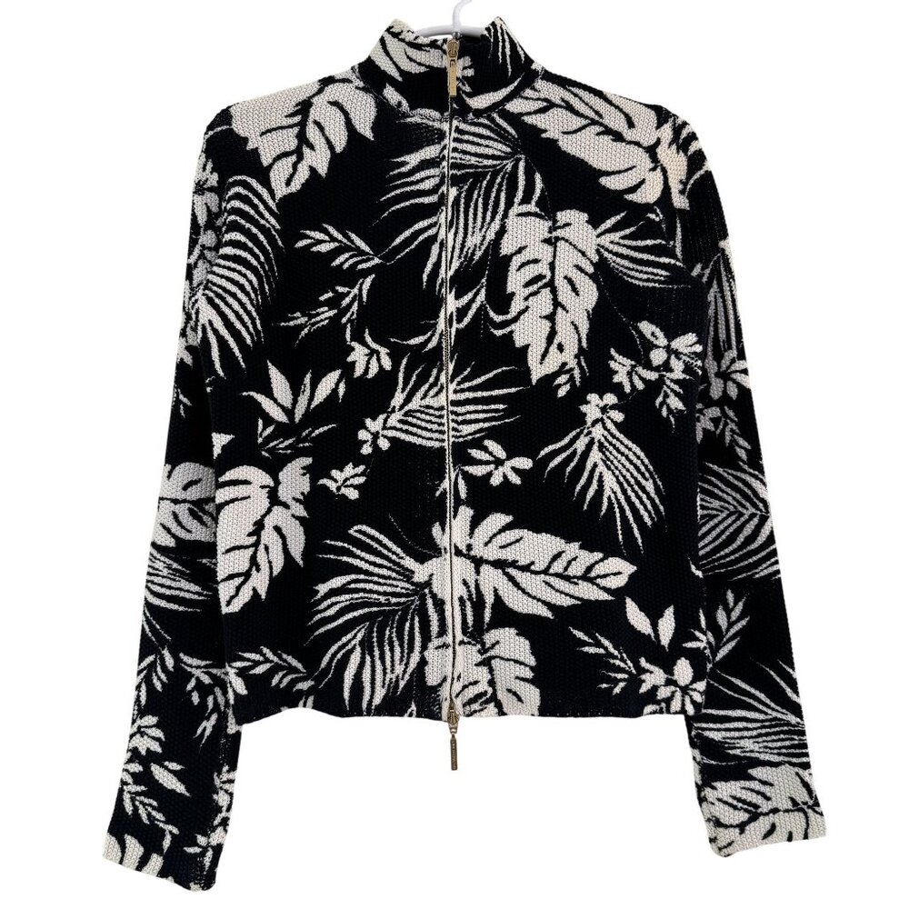 Vintage Les Copains Italian Knit Twin Set Tropical Leaf Zip Jacket & Top IT 40